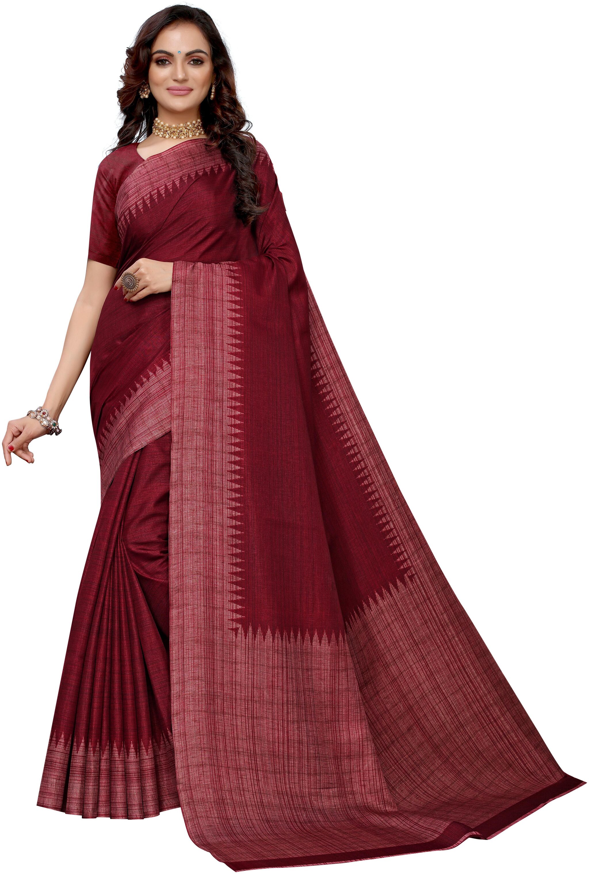

Silkvilla Maroon Cotton Solid Saree With Blouse For Women