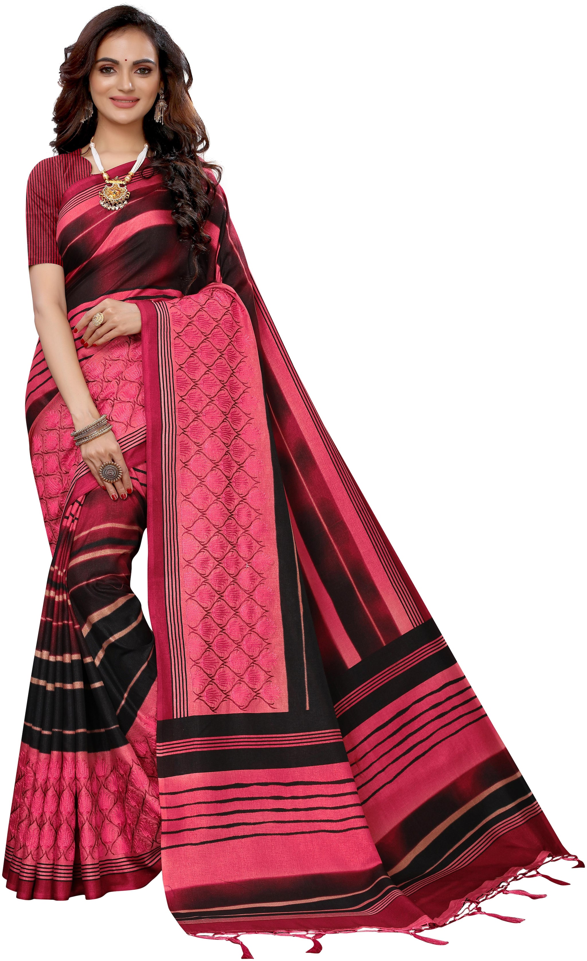 

Silkvilla Pink Cotton Striped Saree With Blouse For Women