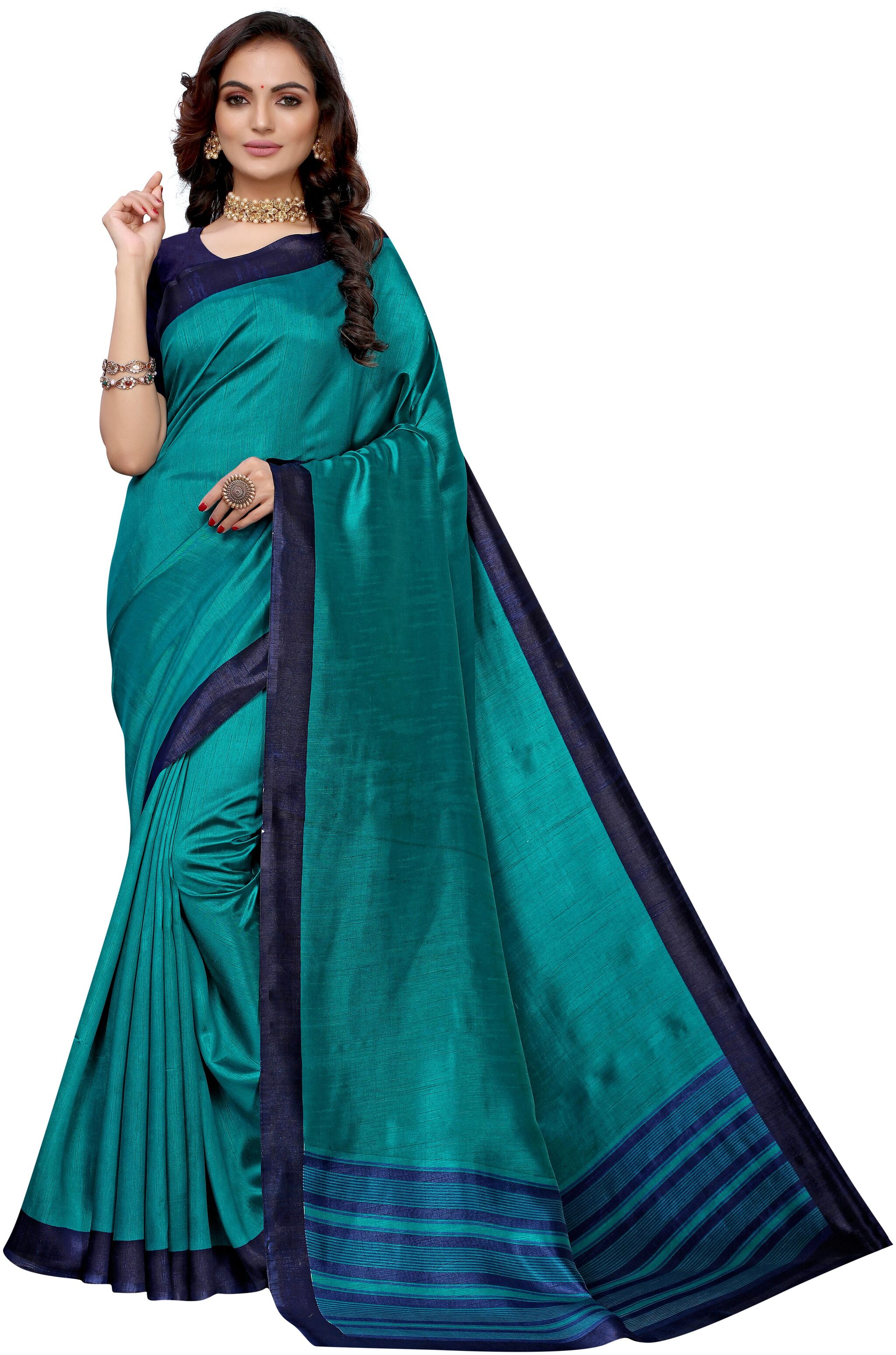 

Silkvilla Turquoise Cotton Solid Saree With Blouse For Women