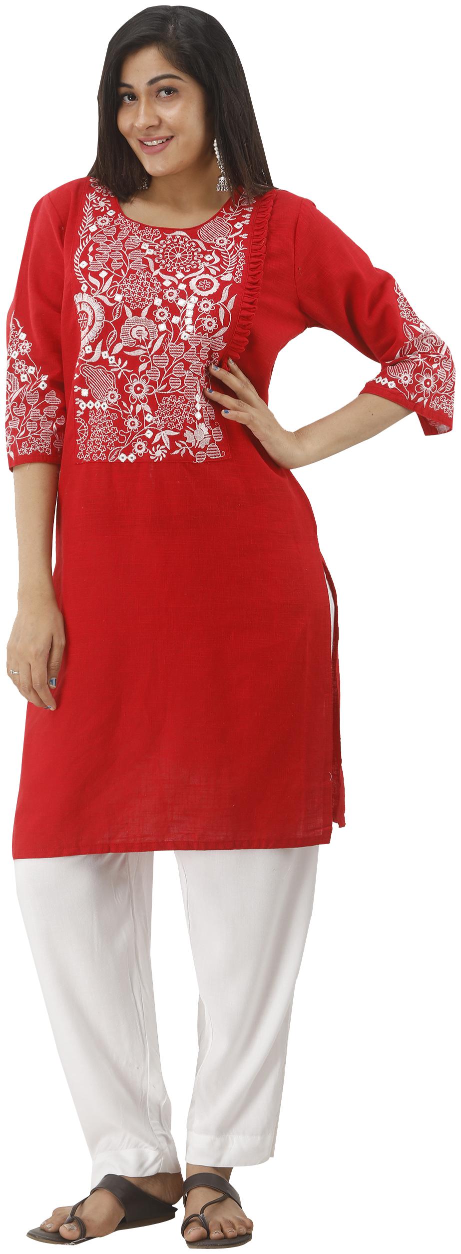 

SINGNI Cotton Embroidered Red White Stiched Suit For Women