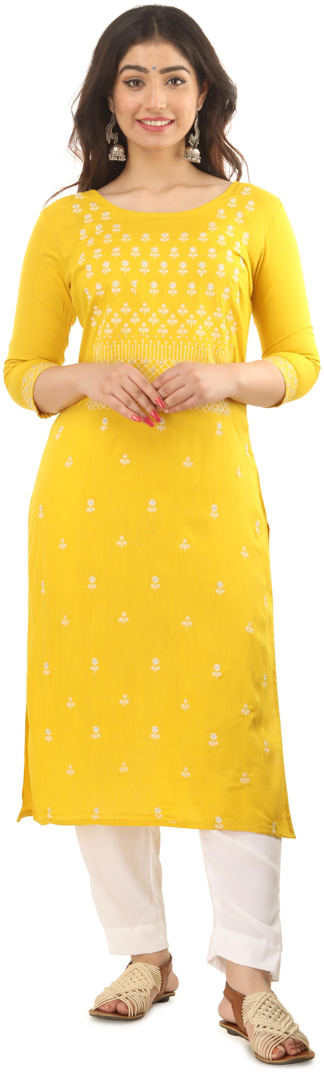 

SINGNI Women Yellow Embroidered Straight Kurta