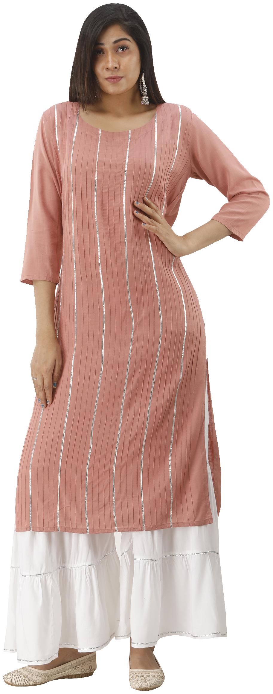 

SINGNI Viscose Rayon Striped Pink White Stiched Suit For Women