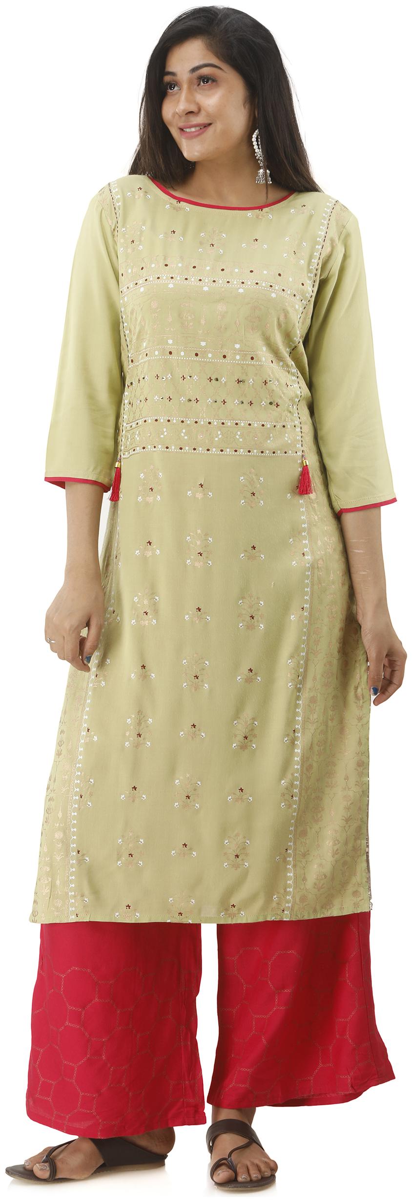 

SINGNI Viscose Rayon Embroidered Green Red Stiched Suit For Women