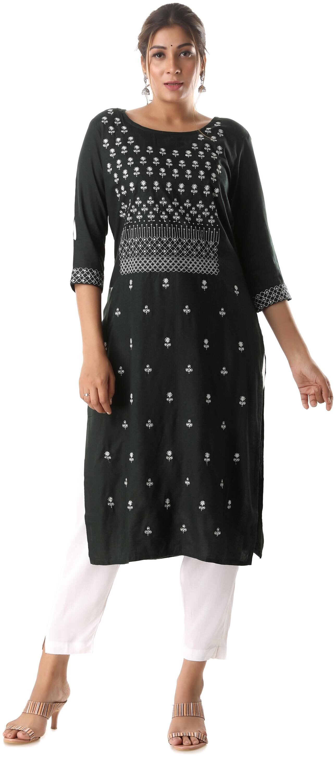 

SINGNI Women Dark Green Embroidered Straight Kurta