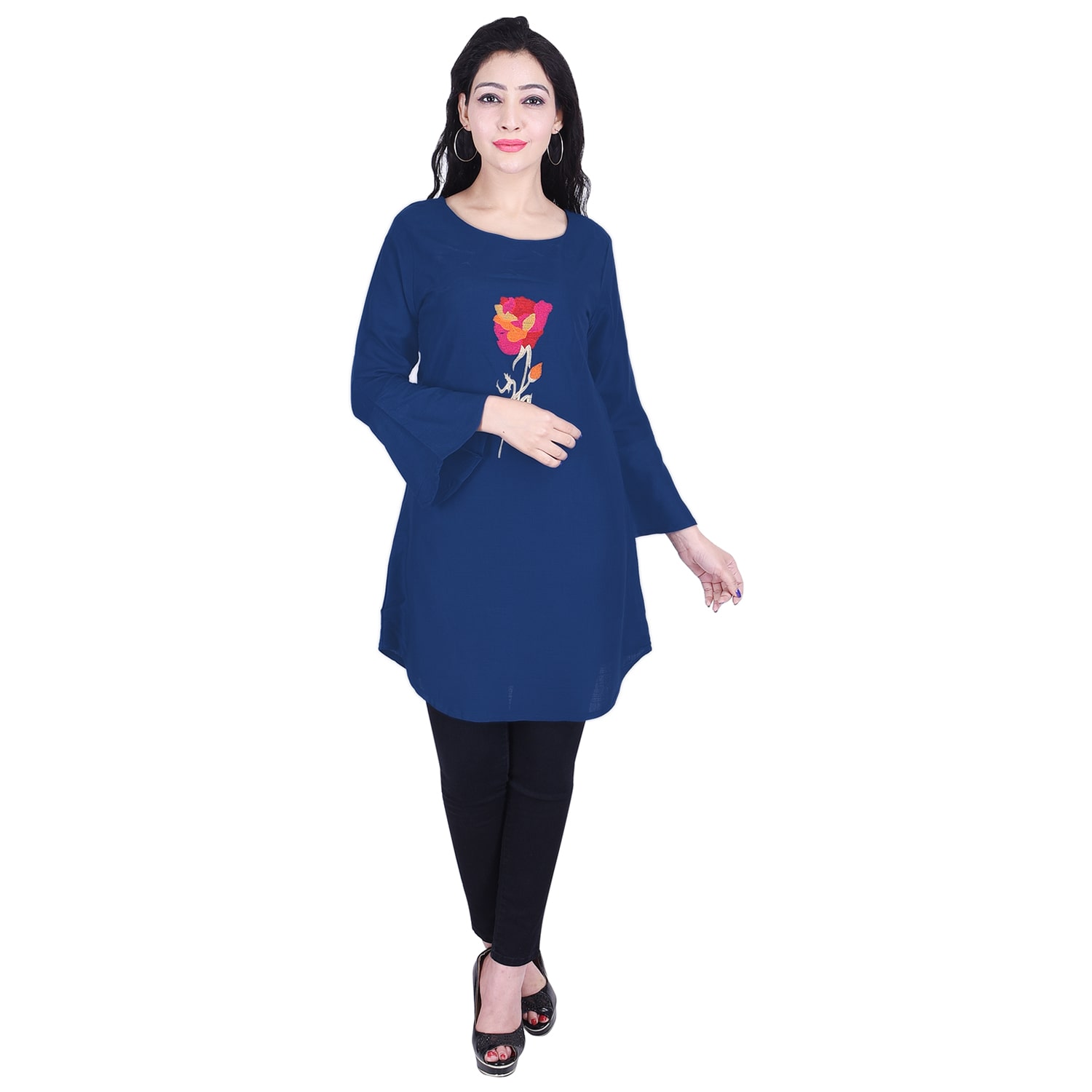 

SINGNI Women Rayon Blue A-line Embroidered Kurti