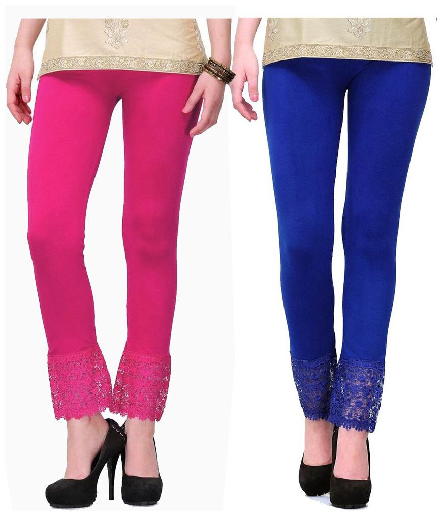 

Sizlacious Womens Slim Fit Border Lace Leggings (pack of 2) Pink Blue