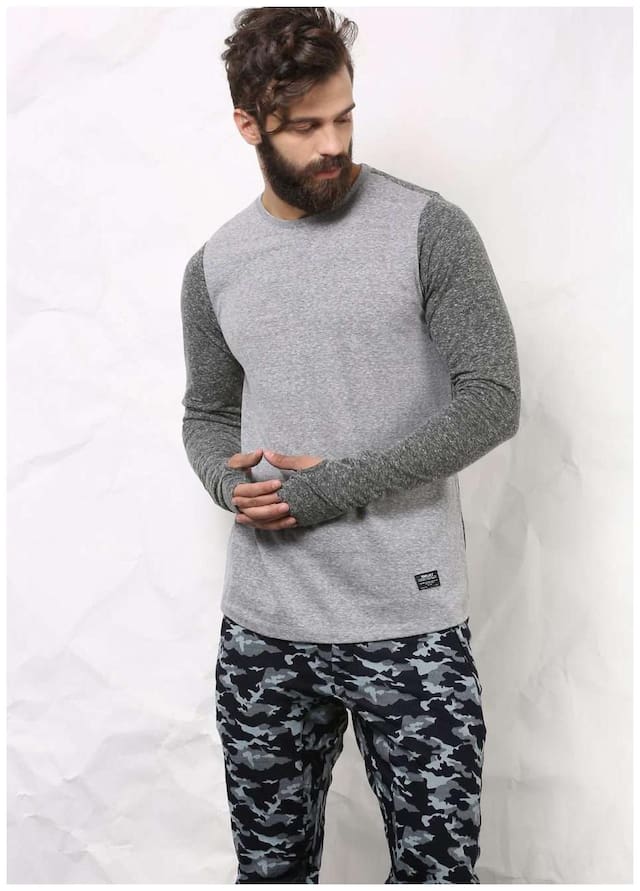 SKULT Men Light Grey Melange Slim Fit Thumbhole Tee