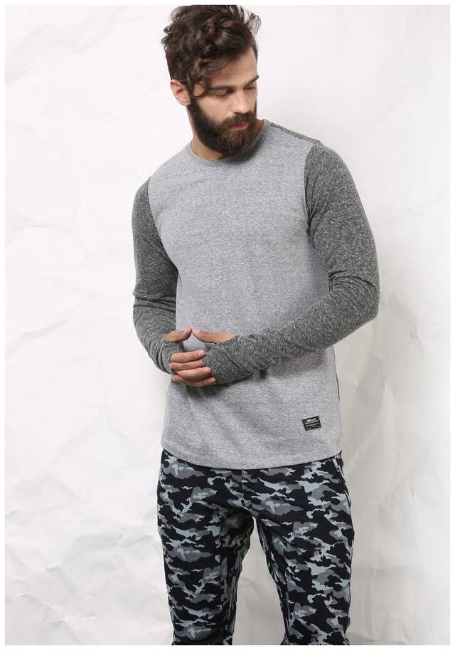 SKULT Men Light Grey Melange Slim Fit Thumbhole Tee