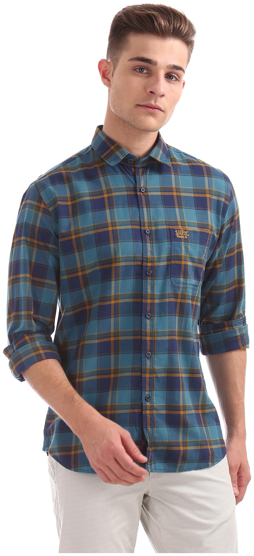 

U S Polo Assn Men Blue Checked Slim Fit Casual Shirt