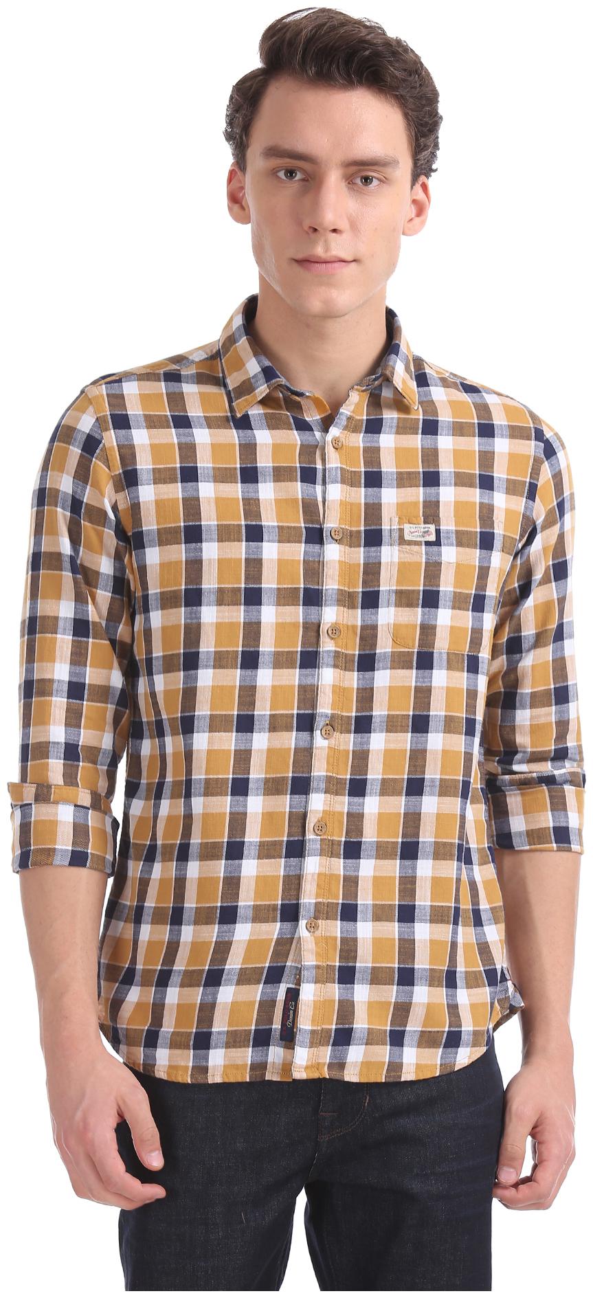 

U S Polo Assn Men Yellow Checked Slim Fit Casual Shirt