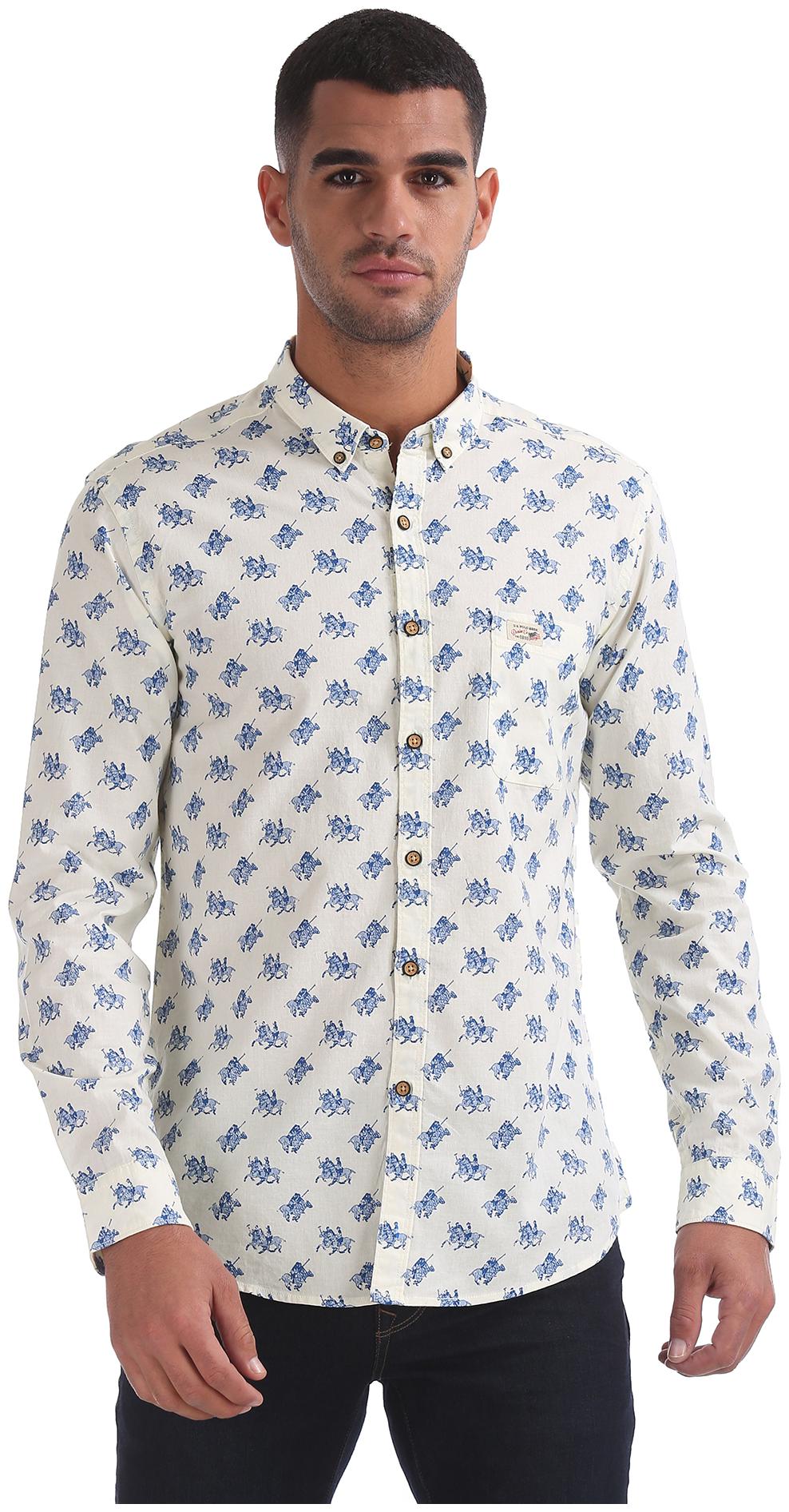 

U S Polo Assn Men White Printed Slim Fit Casual Shirt