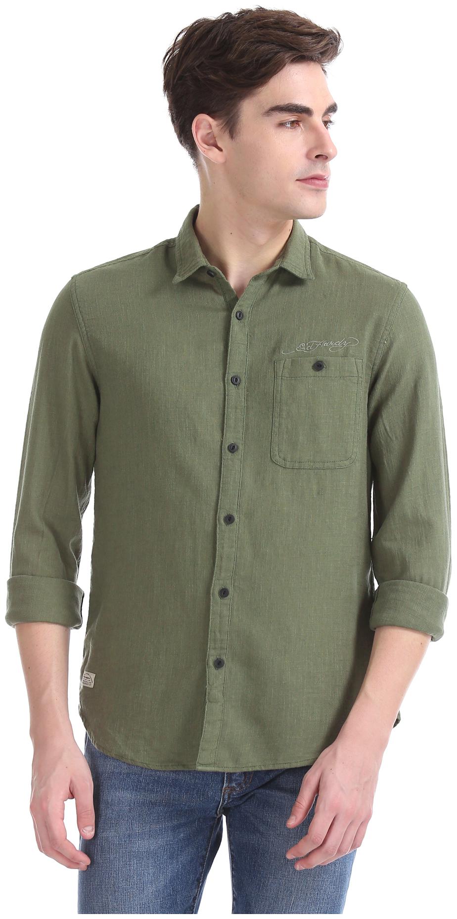 

ED Hardy Men Green Solid Slim Fit Casual Shirt