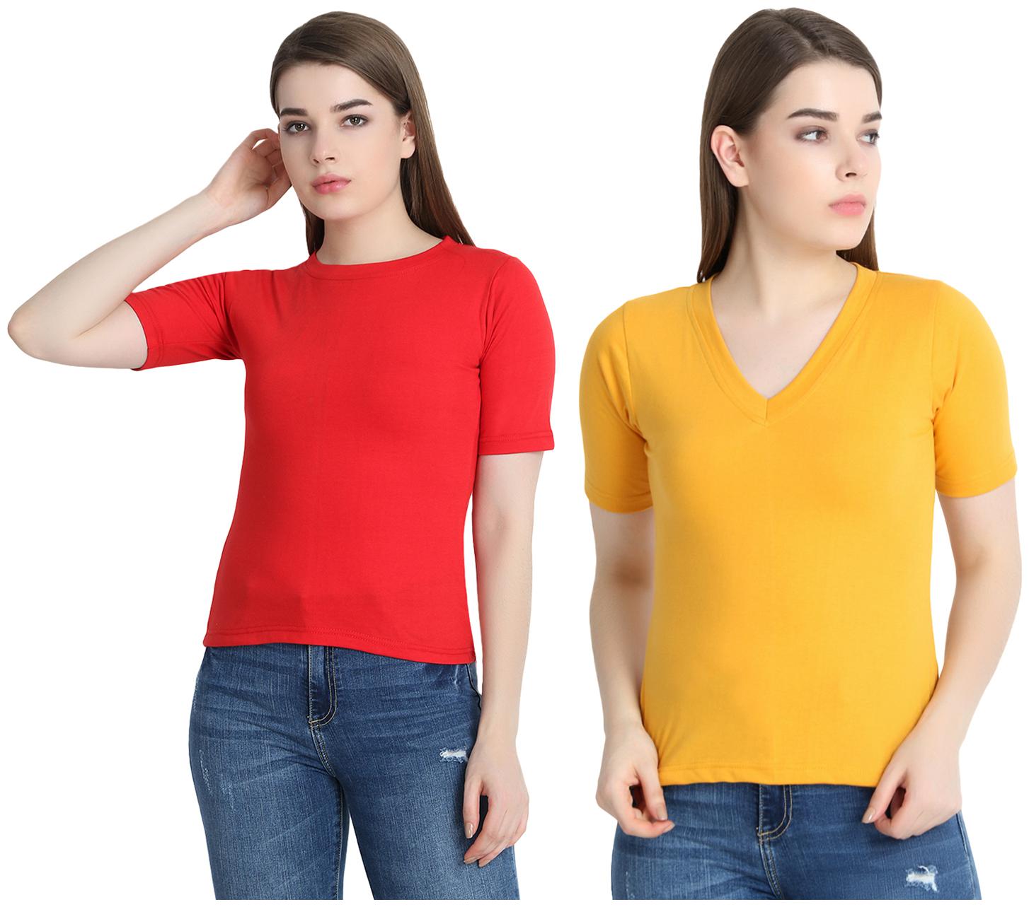 

SNAYATI Women Red Yellow Regular fit Round neck Cotton T shirt