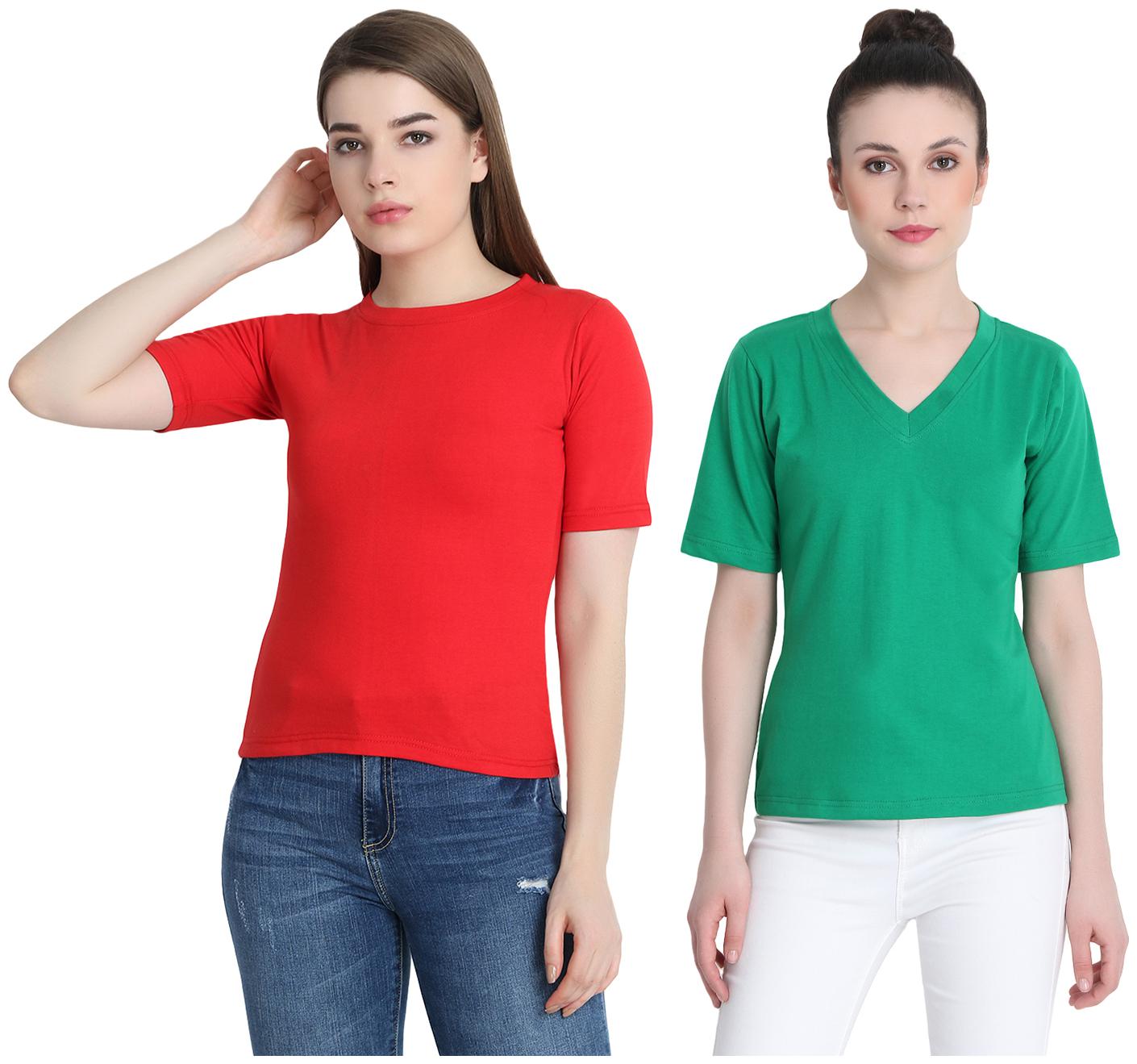 

SNAYATI Women Red Green Regular fit Round neck Cotton T shirt