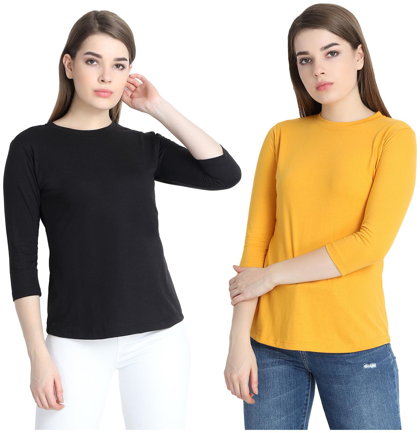 

SNAYATI Women Black Yellow Regular fit Round neck Cotton T shirt