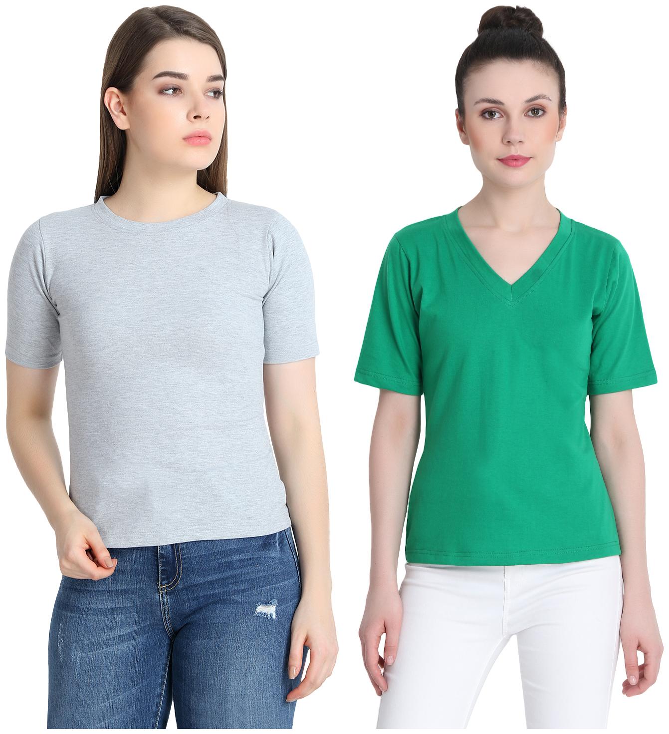 

SNAYATI Women Grey Green Regular fit Round neck Cotton T shirt