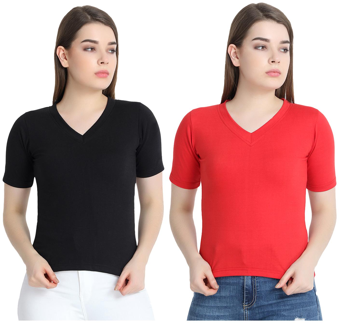 

SNAYATI Women Black Red Regular fit V neck Cotton T shirt