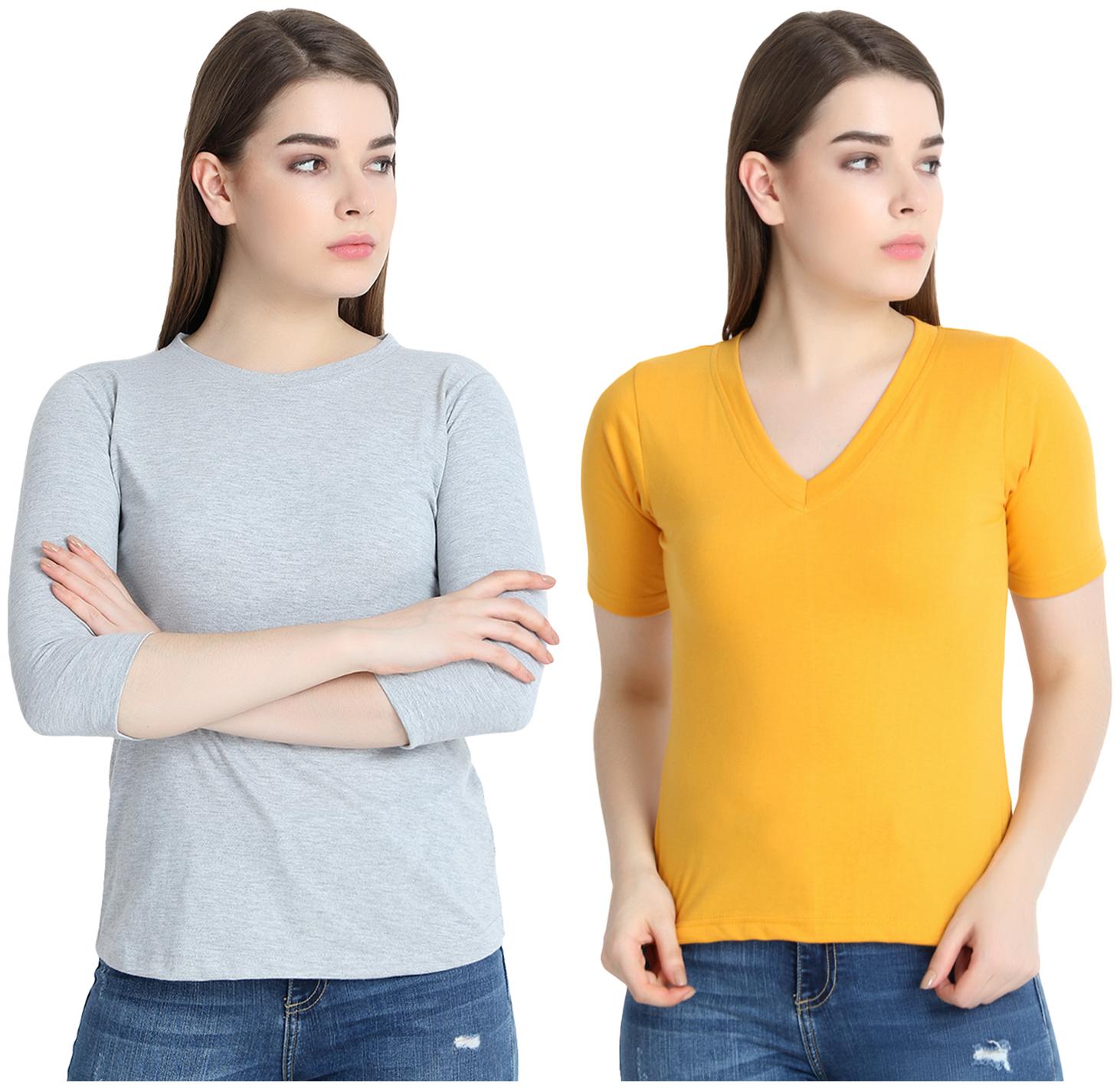 

SNAYATI Women Grey Yellow Regular fit Round neck Cotton T shirt