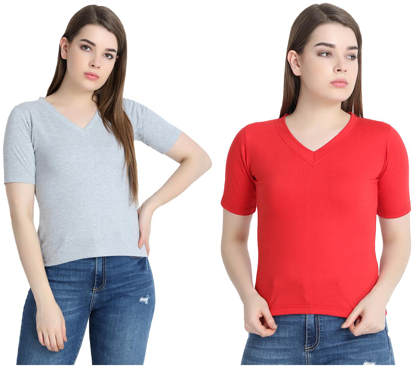 

SNAYATI Women Grey Red Regular fit V neck Cotton T shirt