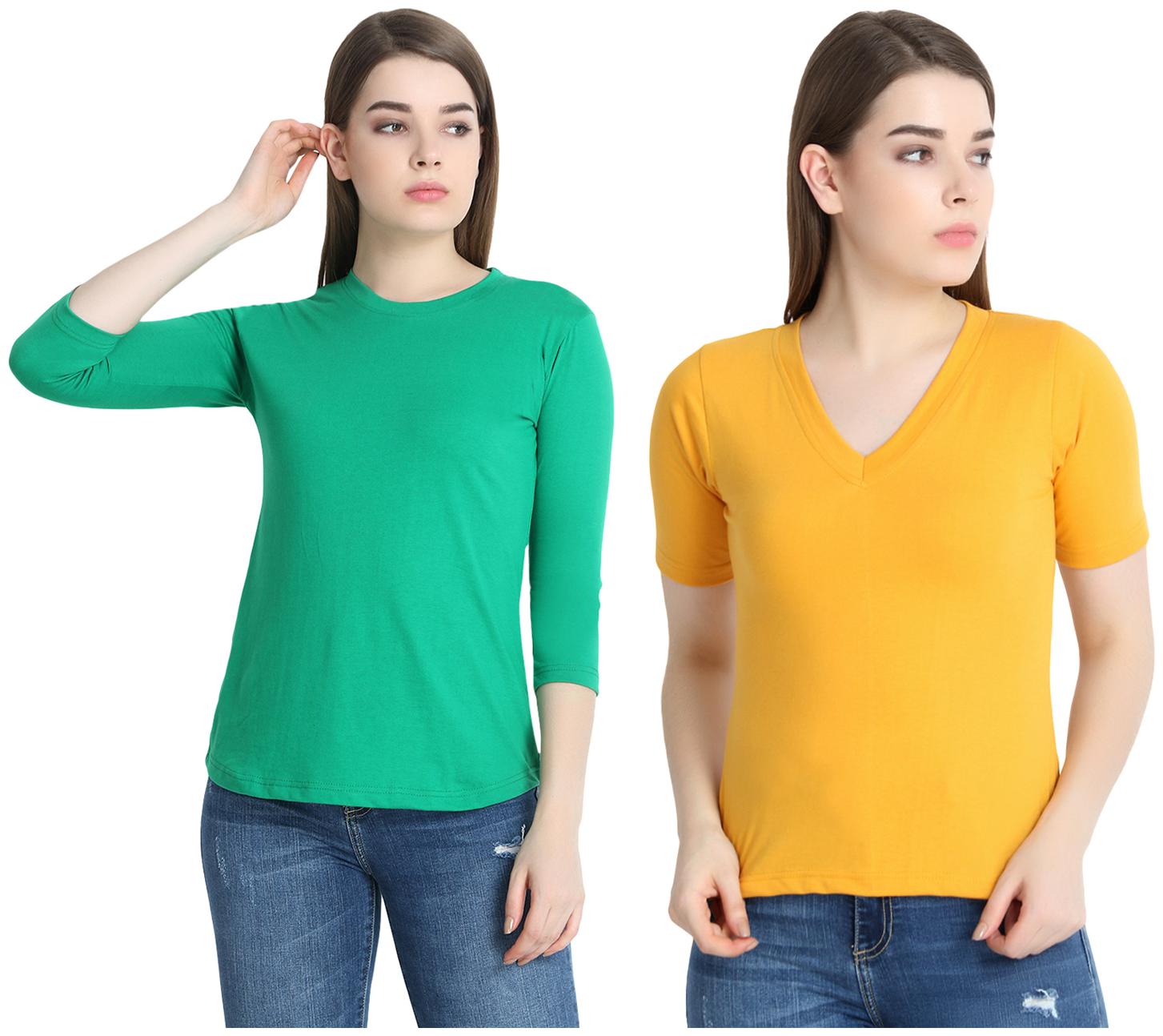 

SNAYATI Women Green Yellow Regular fit Round neck Cotton T shirt