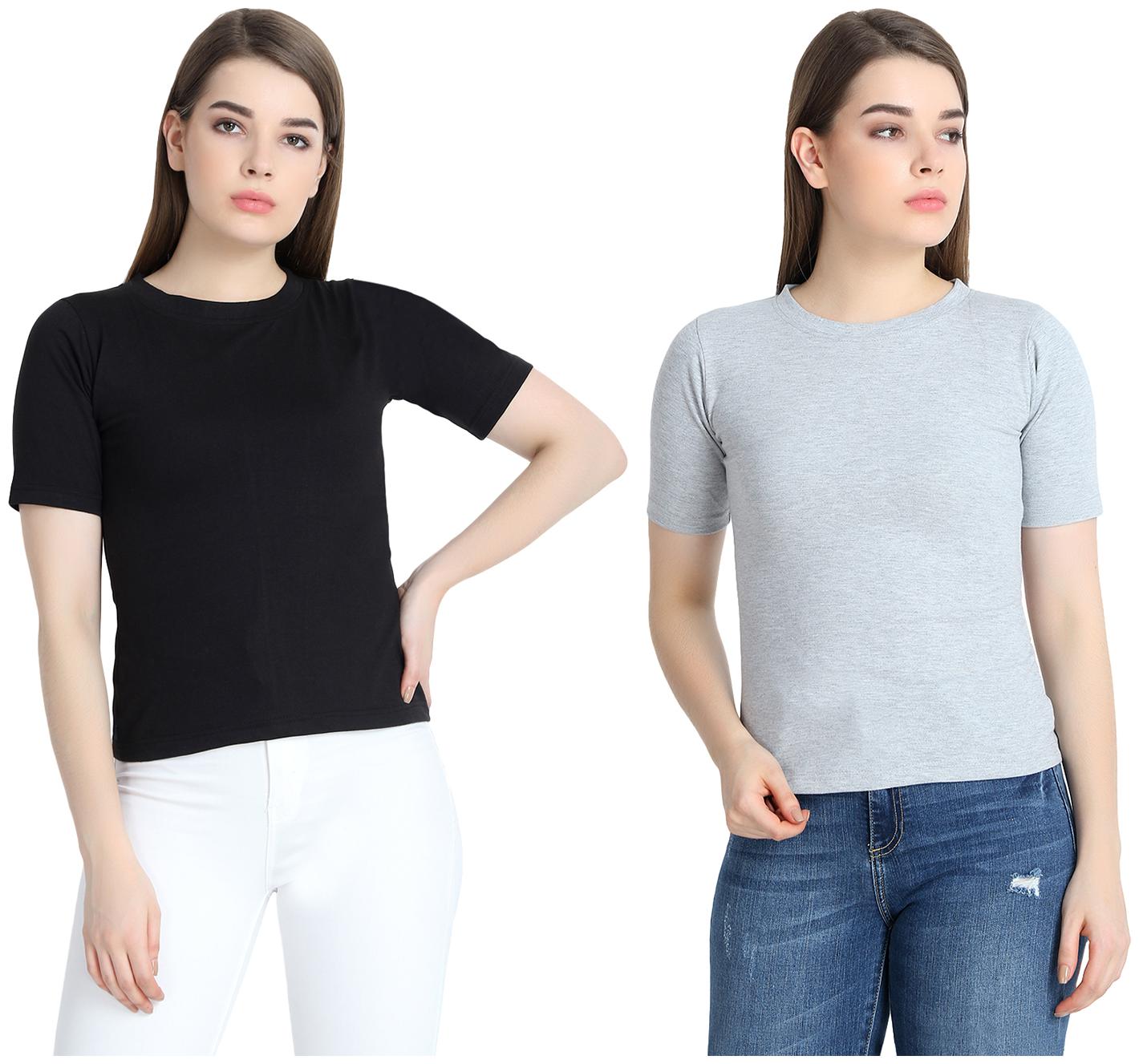 

SNAYATI Women Black Grey Regular fit Round neck Cotton T shirt