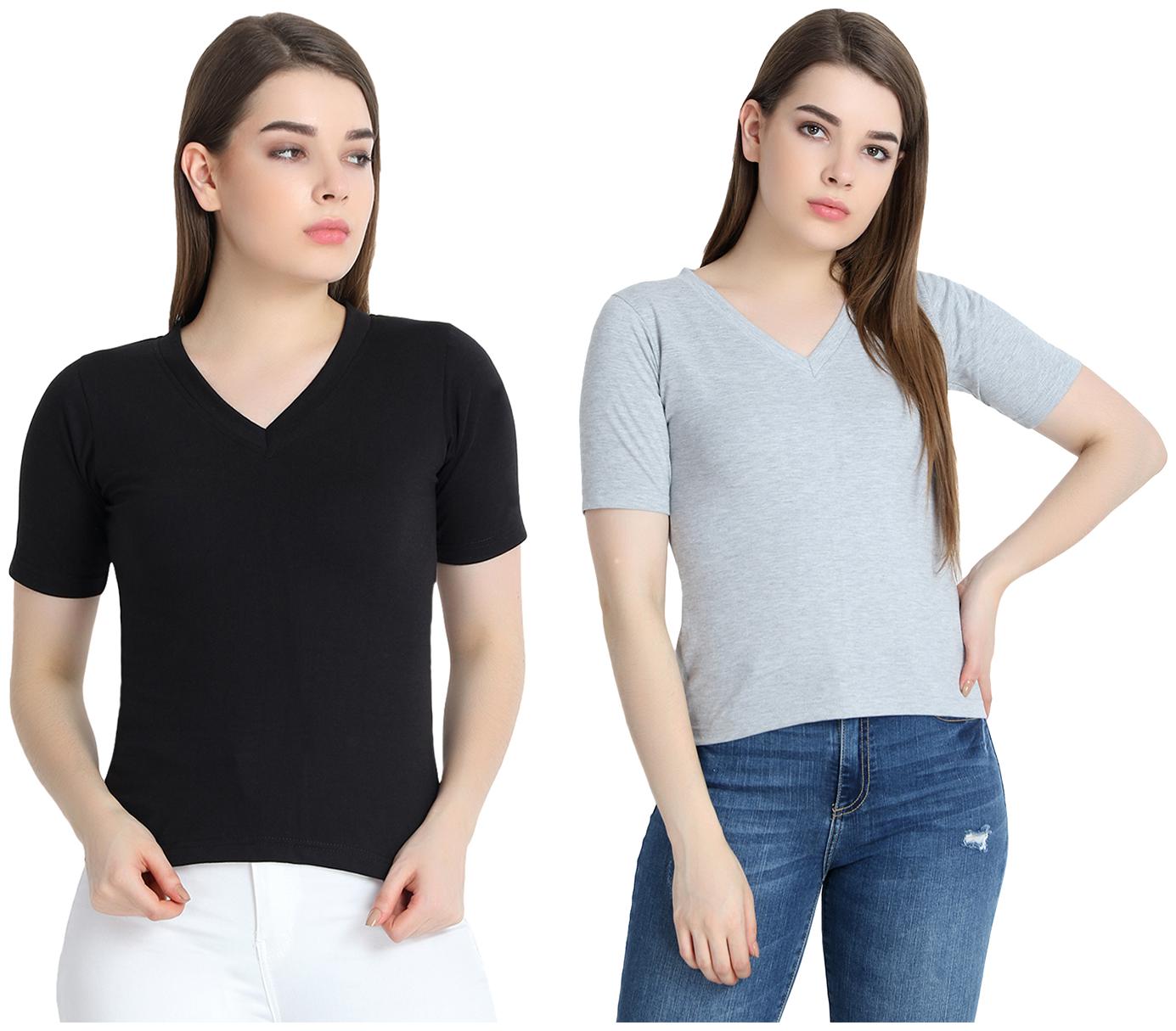 

SNAYATI Women Black Grey Regular fit V neck Cotton T shirt