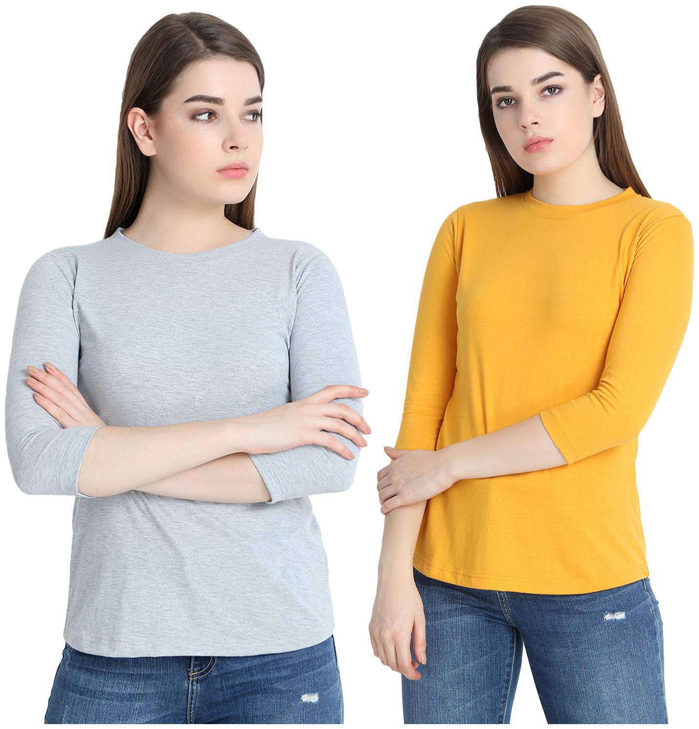 

SNAYATI Women Grey Yellow Regular fit Round neck Cotton T shirt