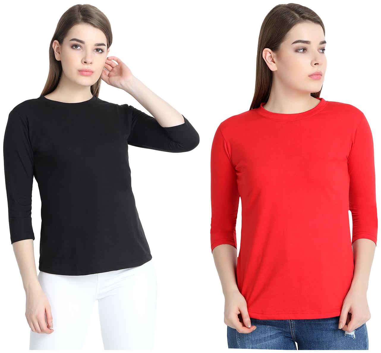 

SNAYATI Women Black Red Regular fit Round neck Cotton T shirt