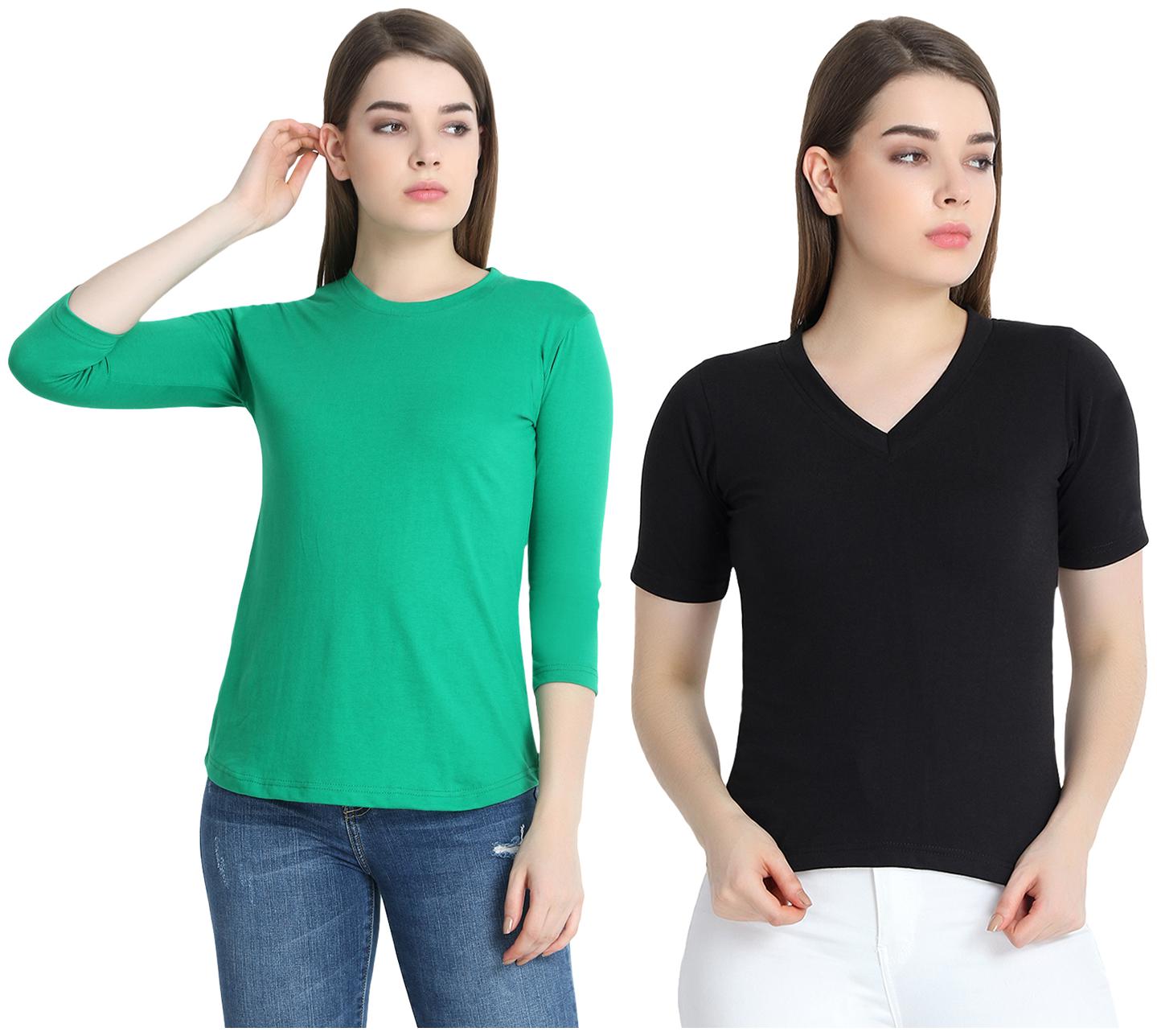

SNAYATI Women Green Black Regular fit Round neck Cotton T shirt