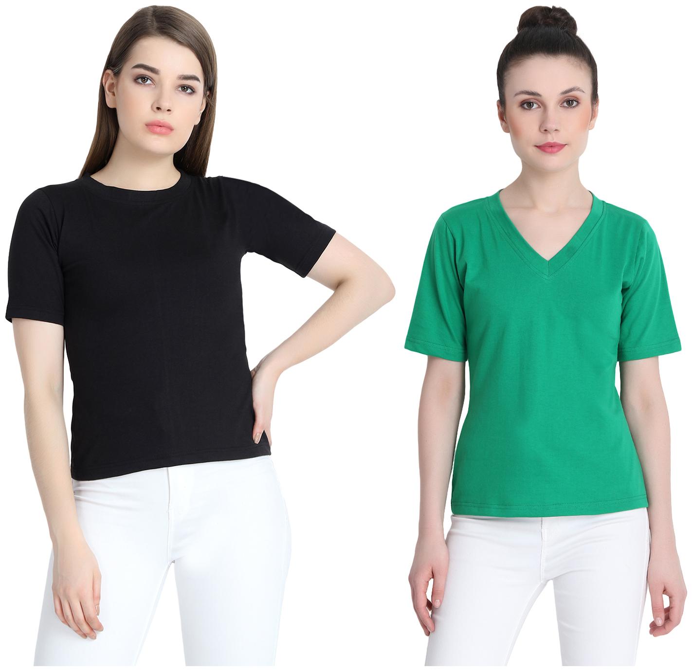 

SNAYATI Women Black Green Regular fit Round neck Cotton T shirt