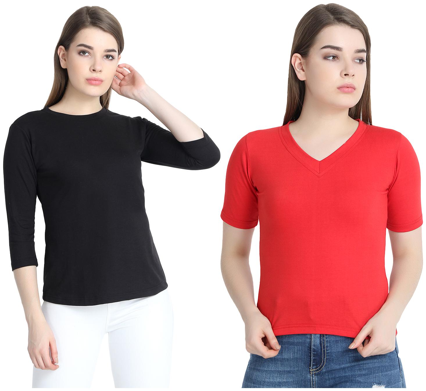 

SNAYATI Women Black Red Regular fit Round neck Cotton T shirt