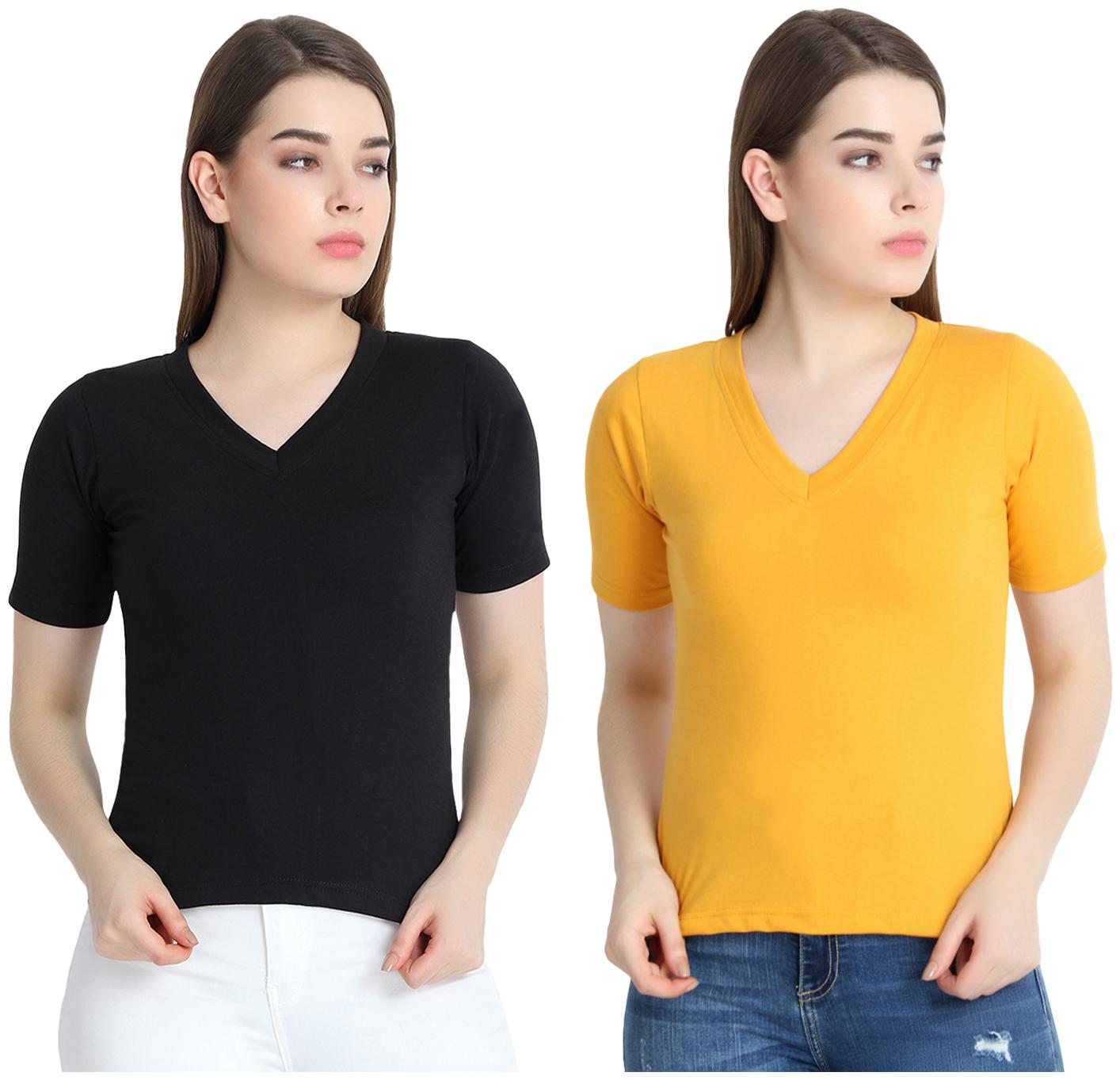 

SNAYATI Women Black Yellow Regular fit V neck Cotton T shirt
