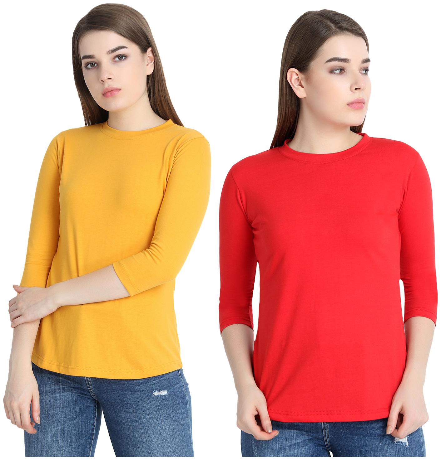 

SNAYATI Women Yellow Red Regular fit Round neck Cotton T shirt