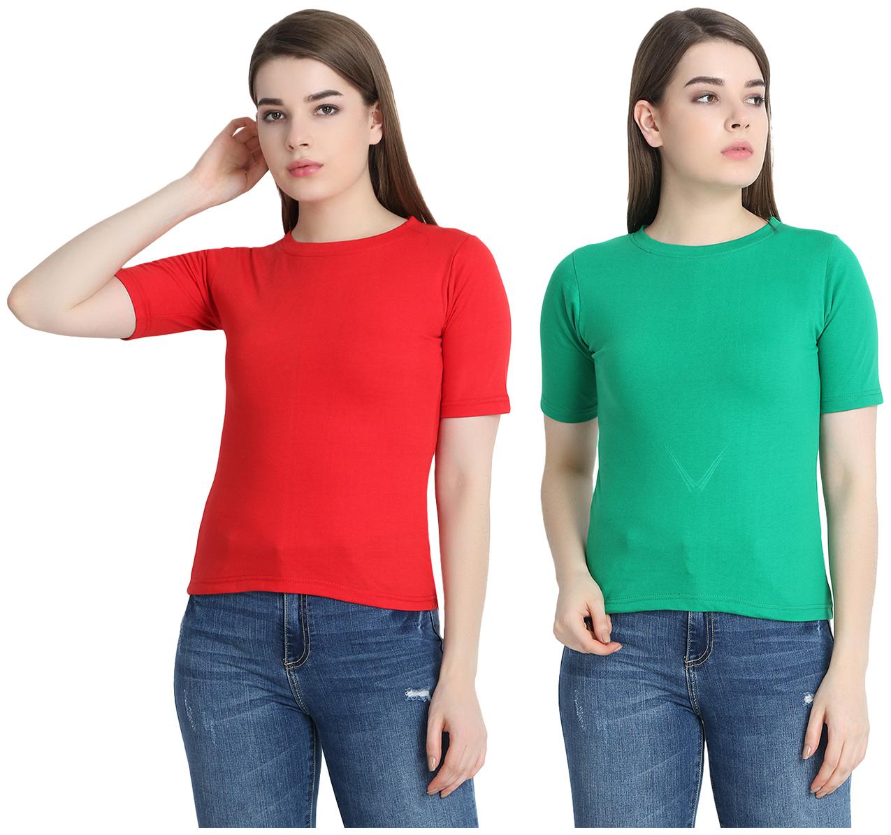 

SNAYATI Women Red Green Regular fit Round neck Cotton T shirt