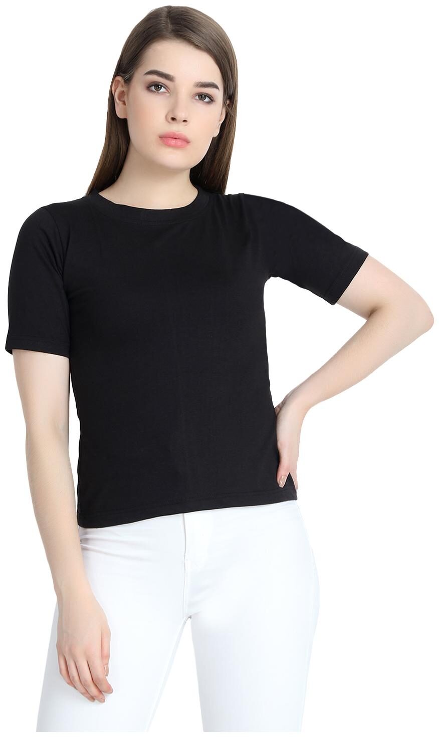 

SNAYATI Women Black Regular fit Round neck Cotton T shirt