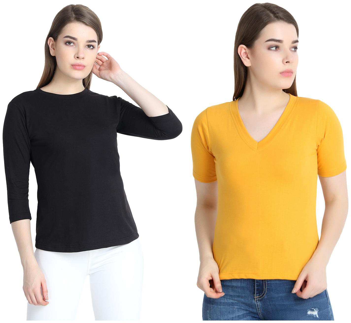 

SNAYATI Women Black Yellow Regular fit Round neck Cotton T shirt
