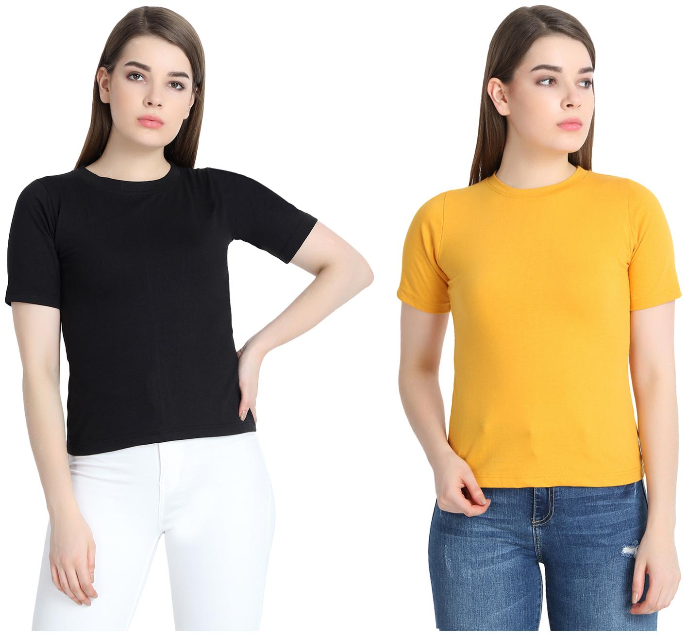 

SNAYATI Women Black Yellow Regular fit Round neck Cotton T shirt