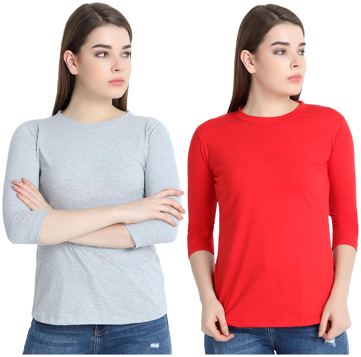

SNAYATI Women Grey Red Regular fit Round neck Cotton T shirt