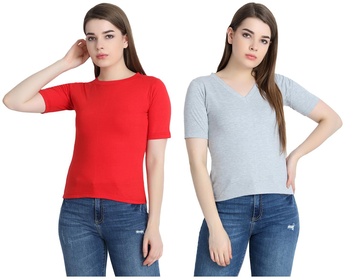 

SNAYATI Women Red Grey Regular fit Round neck Cotton T shirt