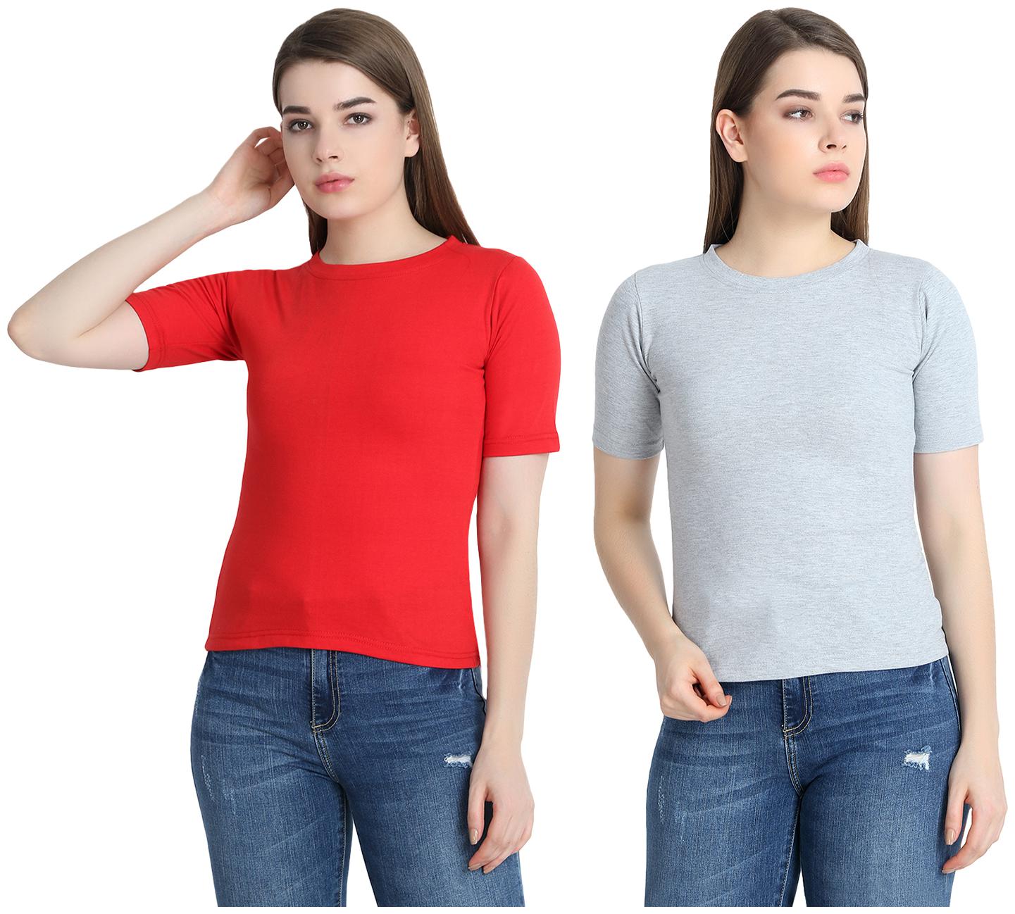 

SNAYATI Women Red Grey Regular fit Round neck Cotton T shirt
