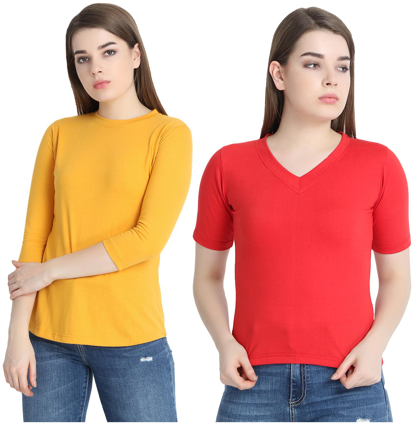 

SNAYATI Women Red Yellow Regular fit Round neck Cotton T shirt
