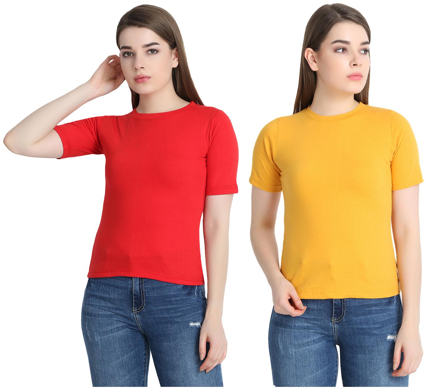 

SNAYATI Women Red Yellow Regular fit Round neck Cotton T shirt