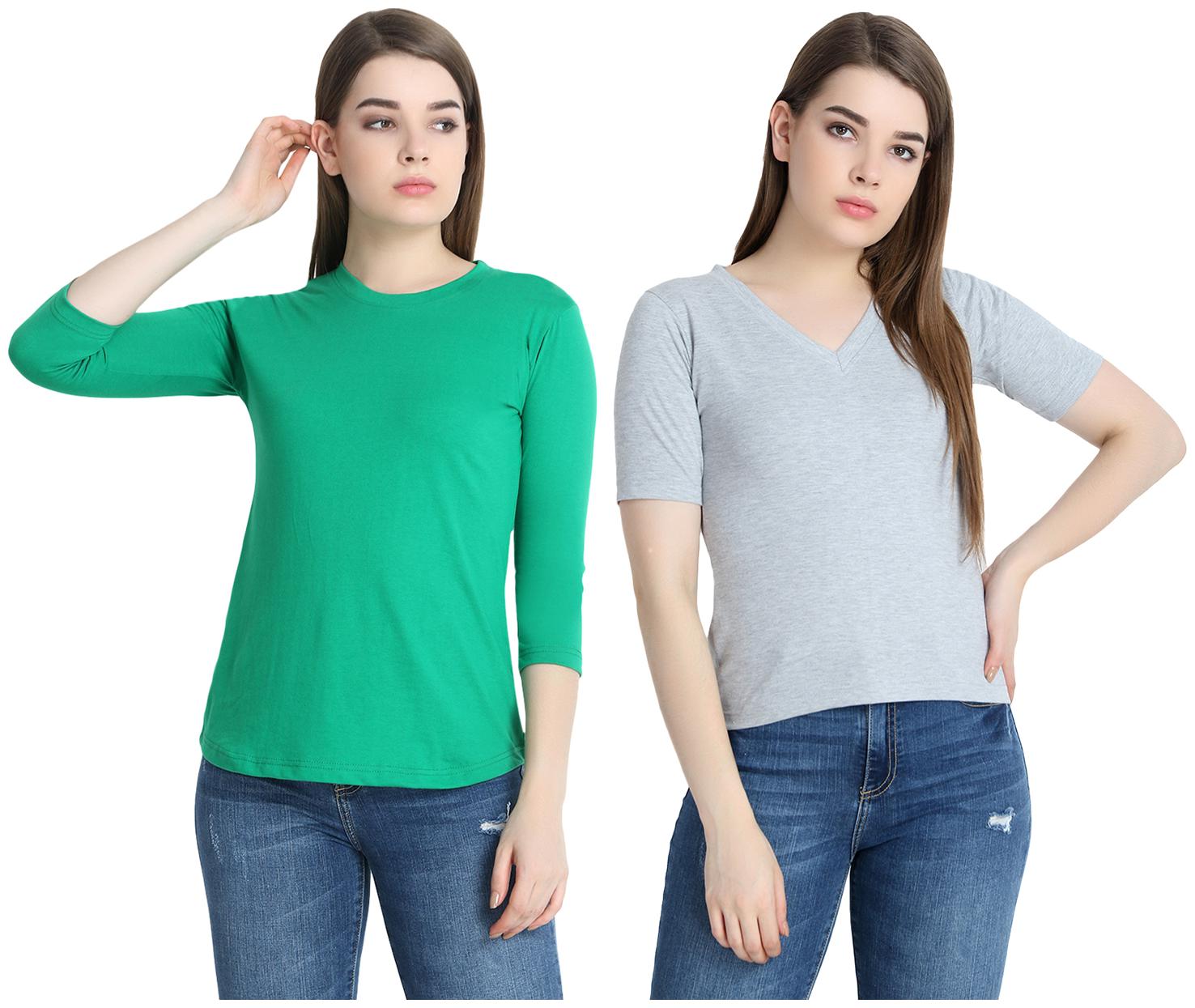 

SNAYATI Women Green Grey Regular fit Round neck Cotton T shirt