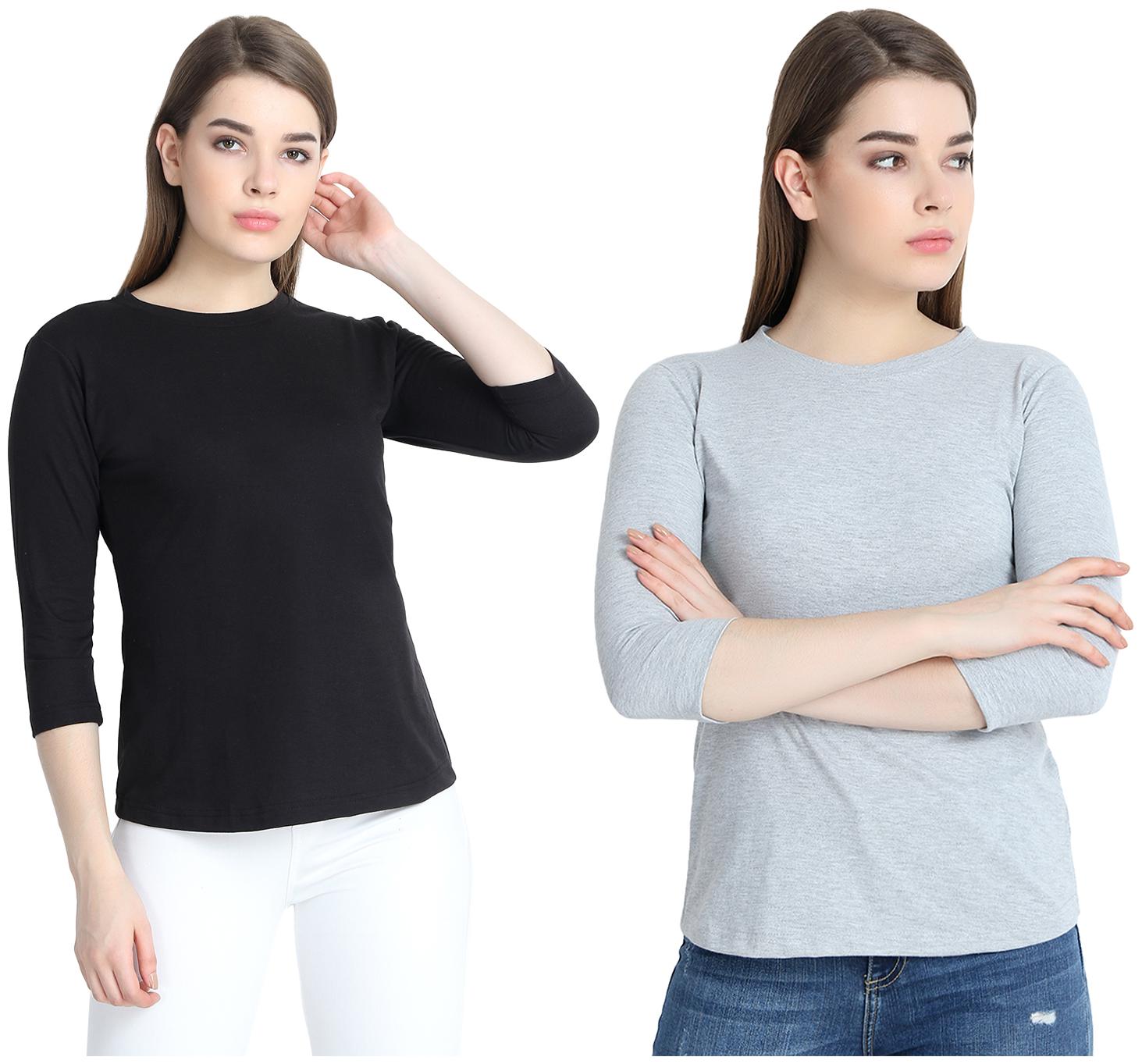 

SNAYATI Women Black Grey Regular fit Round neck Cotton T shirt