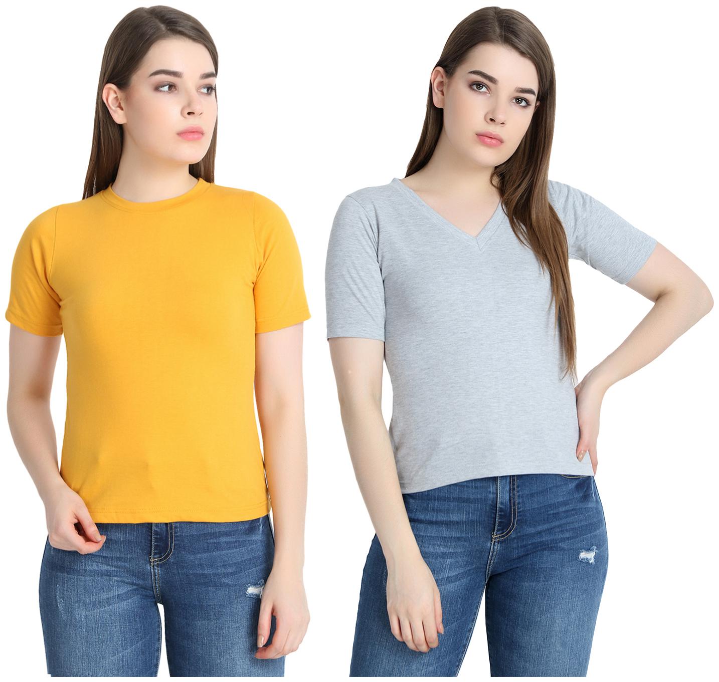 

SNAYATI Women Yellow Grey Regular fit Round neck Cotton T shirt