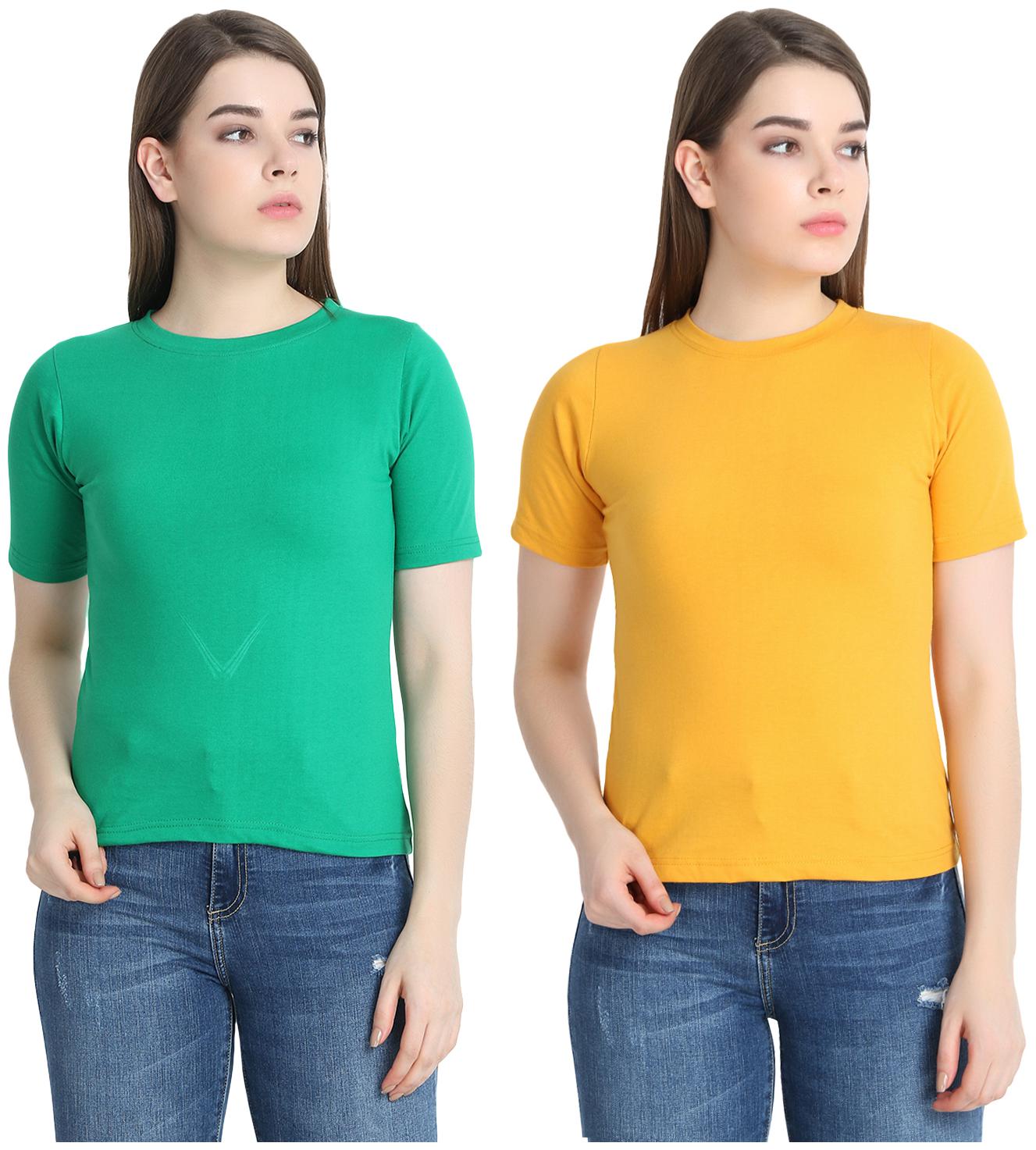 

SNAYATI Women Green Yellow Regular fit Round neck Cotton T shirt