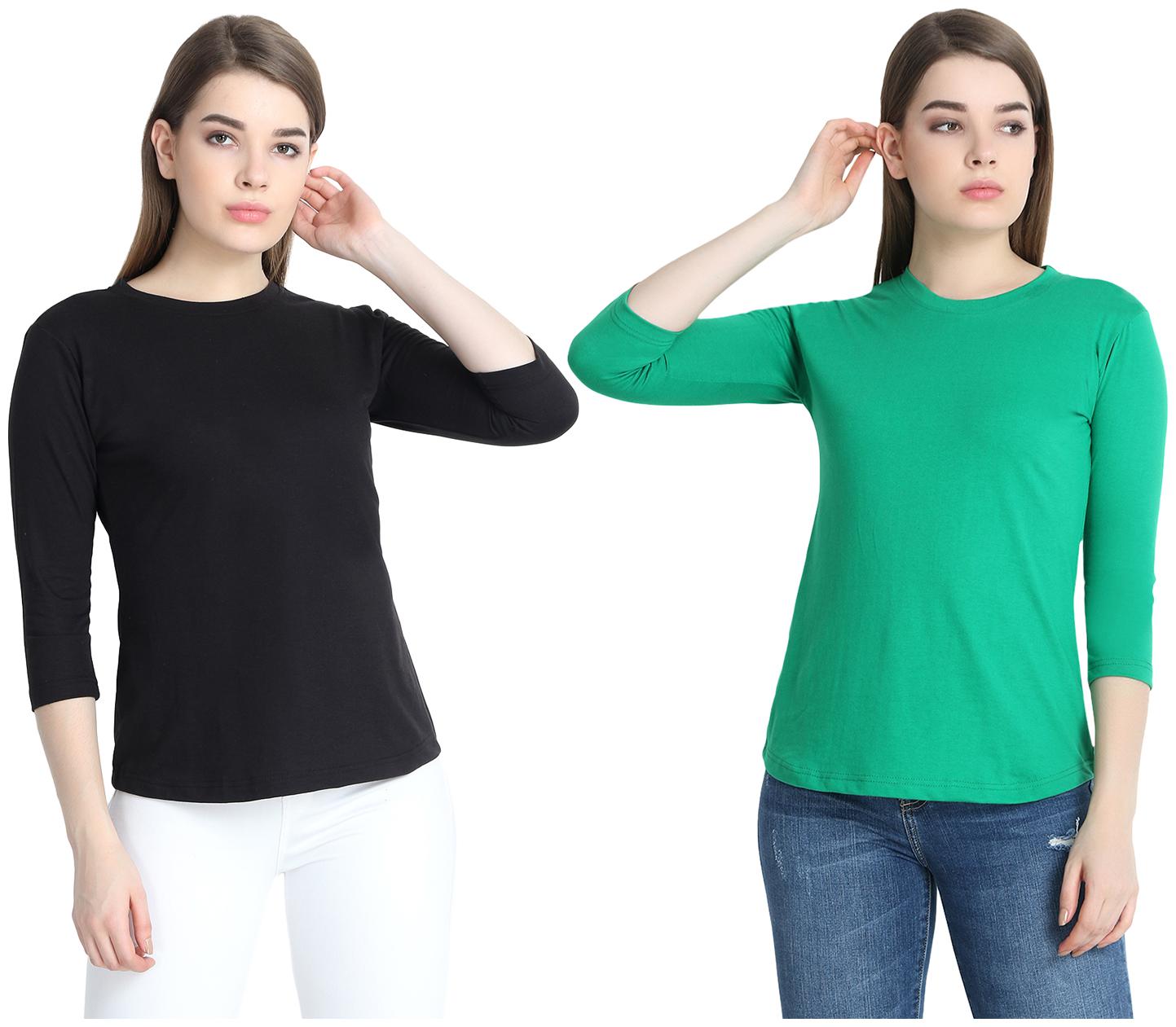 

SNAYATI Women Black Green Regular fit Round neck Cotton T shirt