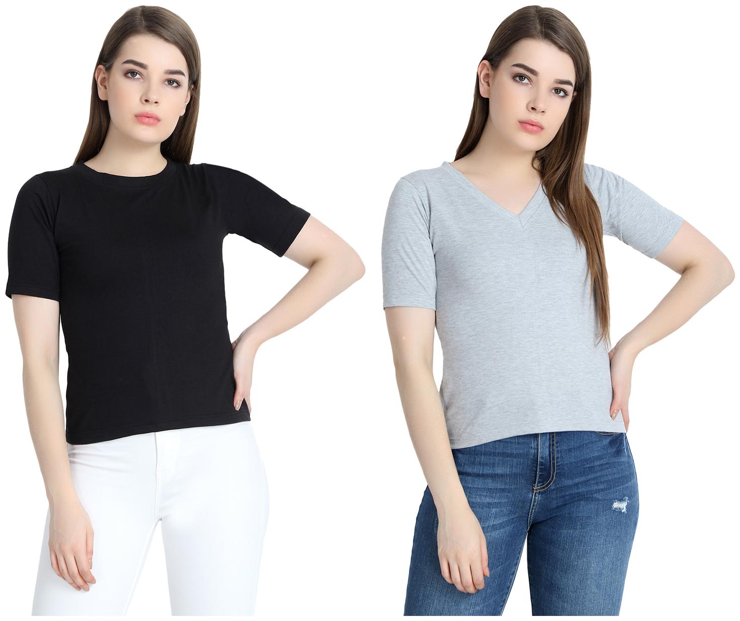 

SNAYATI Women Black Grey Regular fit Round neck Cotton T shirt