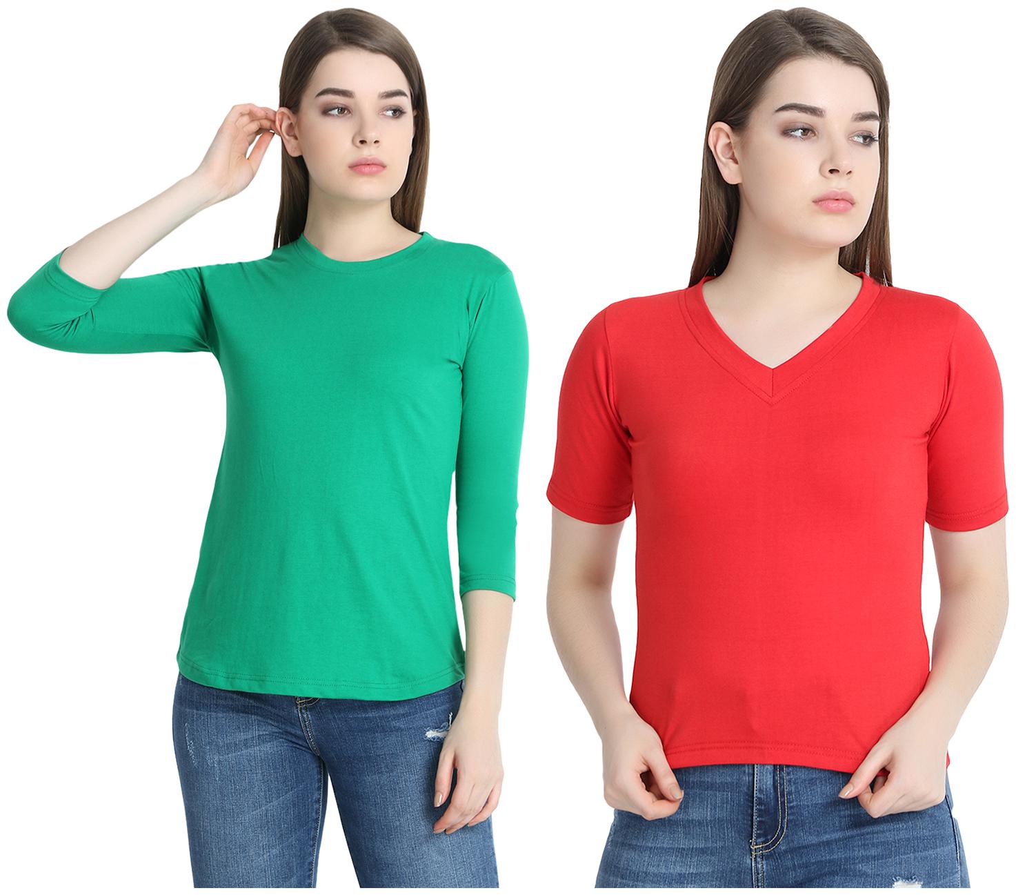 

SNAYATI Women Green Red Regular fit Round neck Cotton T shirt