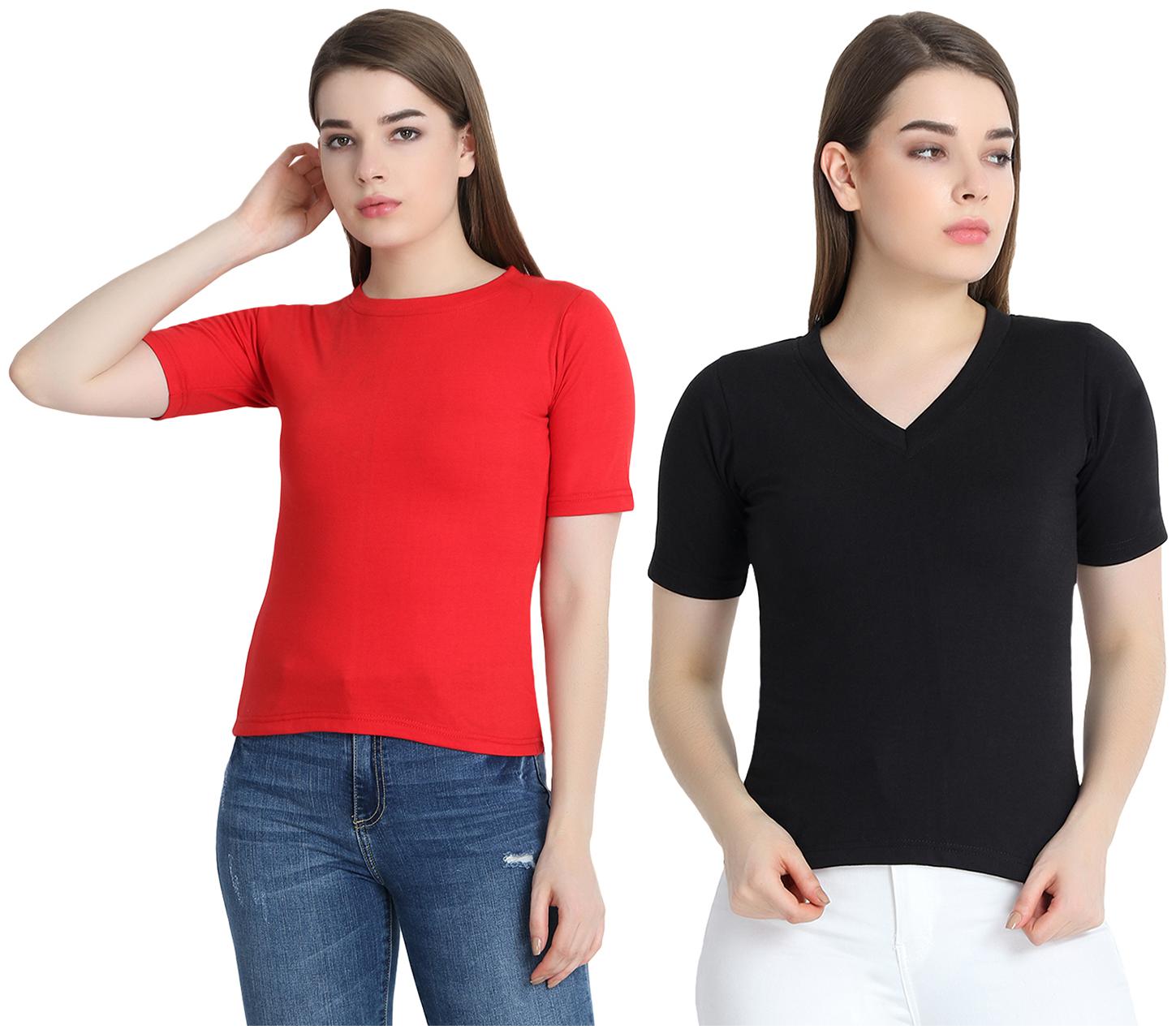 

SNAYATI Women Black Red Regular fit Round neck Cotton T shirt